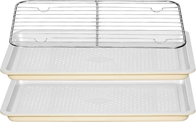 Nonstick Ceramic Baking Sheet with Rack, 2-Pack 13x9 Quarter Sheet Pan,(External 10x14), Non-Toxic PTFE & PFOA Free Warp-Free Oven Safe 550°F Dishwasher Safe, Aluminized Steel, Gray Yellow