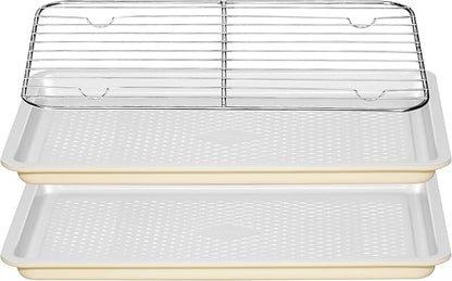 Nonstick Ceramic Baking Sheet with Rack, 2-Pack 13x9 Quarter Sheet Pan,(External 10x14), Non-Toxic PTFE & PFOA Free Warp-Free Oven Safe 550°F Dishwasher Safe, Aluminized Steel, Gray Yellow