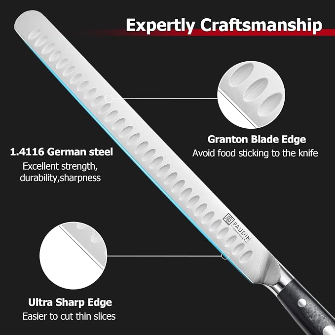PAUDIN Brisket Knife, 12 Inch Dishwasher Safe Carving Slicing Knife for Meat, Razor Sharp German 1.4116 Steel Smoked Meat Cutter with Non-Slip Ergonomic G10 Handle & Gift Box, Perfect Gifts for Men