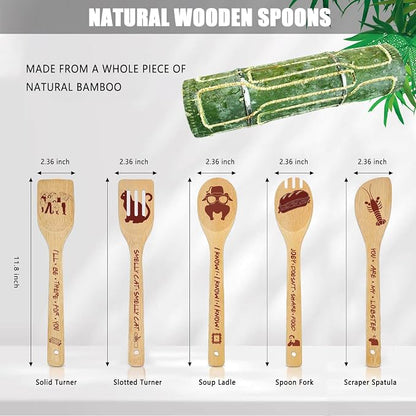 Friends TV Show Merchandise Gifts Wooden Spoons for Cooking, Natural Bamboo Kitchen Utensils Set 5 Pack for Holiday Party Decorations Kitchens Accessories Christmas Birthday Gift Comedy Fans Lover