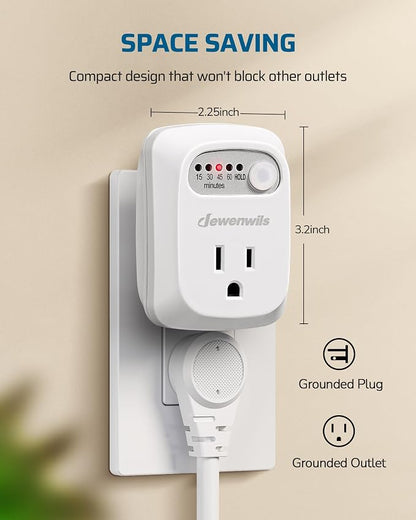 DEWENWILS Indoor Countdown Timer Outlet, 15/30/45/60min Settings, Auto Shut Off Safety Outlet for Lights, Seasonal Decor, Coffee Pot, 125V/15A Resistive/1000W Tungsten, 3 Prong, 1/3 HP, 2 Pack