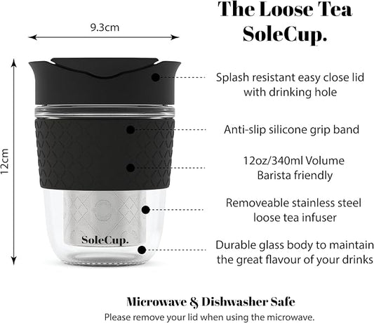 Travel Mug Loose Tea Infuser - Detachable Tea Strainer with Spillproof Lid - BPA-Free Reusable Glass Travel Coffee Cup with Silicone Band (Black, 12oz)
