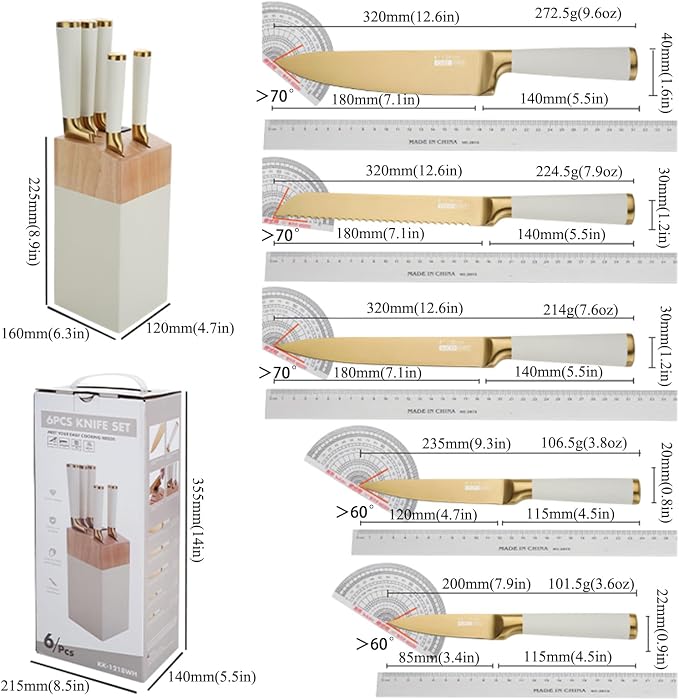 Aesthetic Gold White Kitchen Knife Set,7Pcs Gold Titanium Coated Dishwasher Safe Knife Block Sets,Wooden Block with Built-In Sharpener,Luxury Gift for Women Housewarming