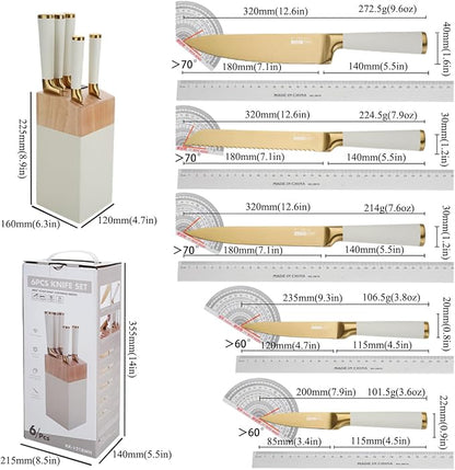 Aesthetic Gold White Kitchen Knife Set,7Pcs Gold Titanium Coated Dishwasher Safe Knife Block Sets,Wooden Block with Built-In Sharpener,Luxury Gift for Women Housewarming