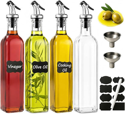 WERTIOO Olive Oil Dispenser Bottle 4Pack, 17oz Oil and Vinegar Dispenser Set, Glass Oil Dispenser for Kitchen with 4 Plastic Pourer, 2 Stainless Steel Funnel, 1 Pen and 8 Label for Kitchen