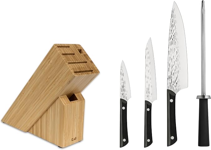 Kai PRO 5 Piece Slimline Block Set, Includes 8" Chef, 3.5" Paring and 6" Utility Knives, Knife Block Set, Japanese AUS6M Stainless Steel Blades, Full-Tang POM Handles