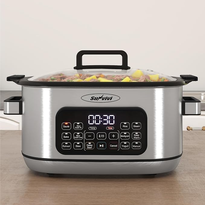 12-in-1 Multicooker, 6.5QT Slow Cooker Roaster Oven, Digital Programmable Multi Functional Pot with Timer, Temp Control, Delay Start, Glass Lid, Removable Nonstick Pot & Roast/Steam Rack