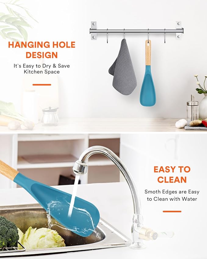 Cooking Spoon for Nonstick Cookwares, Great for Cooking and Serving Sturdy BPA-Free Matte Silicone, Wood Handle Spoon for Mixing, Scoop, and Scrape (TURQ, 11.4 inch)