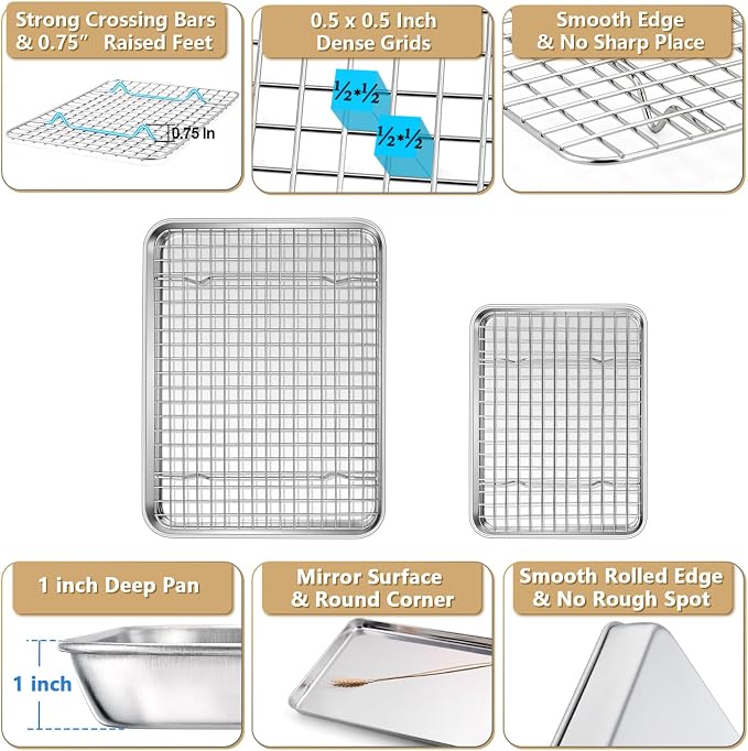 P&P CHEF 12.5 + 9 Inch Toaster Oven Pan with Rack Set, Stainless Steel Baking Pan Tray and Grid Cooling Rack for Cooking/Roasting, Dishwasher Safe & Easy to Clean, Non-toxic & Sturdy, (4Pcs)