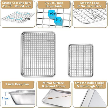 P&P CHEF 12.5 + 9 Inch Toaster Oven Pan with Rack Set, Stainless Steel Baking Pan Tray and Grid Cooling Rack for Cooking/Roasting, Dishwasher Safe & Easy to Clean, Non-toxic & Sturdy, (4Pcs)