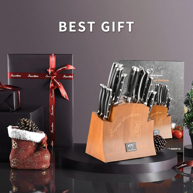 16-Piece Damascus Knife Set with Block, VG10 67-Layer Damascus Steel Kitchen Knife Set with Triple-Rivet Handles, 6 Steak Knives, Meat Fork, Sharpener & Scissors, Natural Wood
