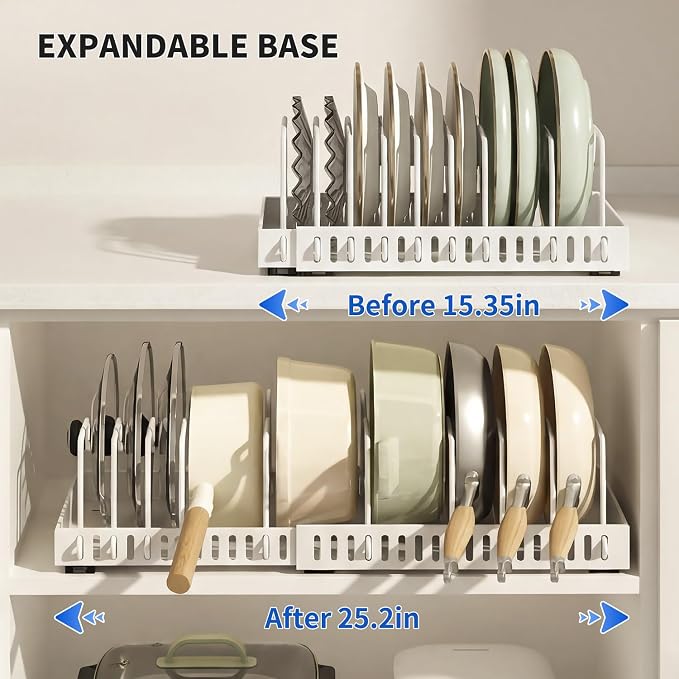 Pull-Out Pots and Pans Organizer, Expandable Lid Rack Pans Organizer Under Cabinet with 12 Adjustable Dividers, Storage Rack for Cookware, Spice, Cutting Board, Dishes, Baking Tray, Lid (White)