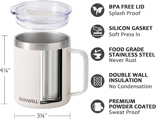 SUNWILL Travel Coffee Mug with Lid, Insulated Tumbler with Handle, 14 oz Stainless Steel Cup for Home, Office, Camping, Powder Coated Cream