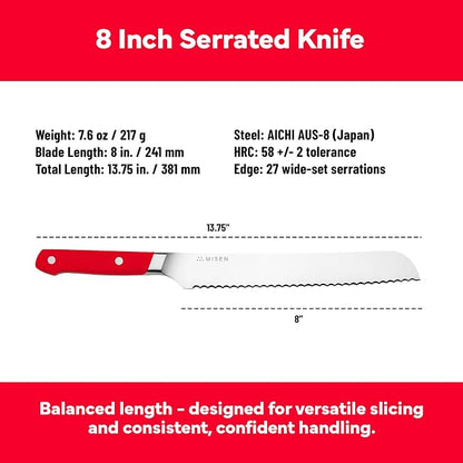 Misen Serrated Bread Knife - High-Carbon Japanese AUS8 Steel - Perfect for Soft Foods, Bread, Pastries, and Fruits - Verstatile Slicer, Razor-Sharp Edge, Durable Blade, Ergonomic Handle - 8", Red