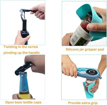Otstar Jar Opener & Bottle Opener Set for Weak Hands - Multi-Function Kitchen Opener Tool for Seniors with Arthritis, Elderly - Includes Jar Lid Gripper Pad, Corkscrew Opener