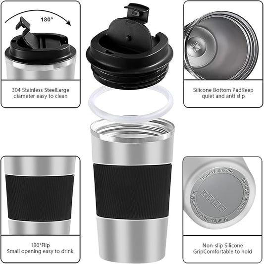YINBAOGE Insulated Travel Coffee Mug, Spill & Leak Proof, Portable To Go Camping Stainless Steel Coffee Tumbler, Reusable Thermal Coffee Cup with Lid for Hot & Cold Drinks (Silver black, 17 OZ)