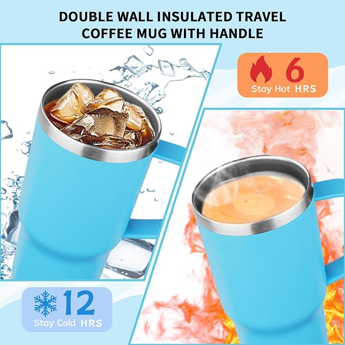 20oz Insulated Tumbler with Handle Stainless Steel Travel Coffee Mug with Lid and Straw Double Wall Vacuum Leak-proof Reusable Thermal Water Cup for Hot and Cold Drinks (Sky blue,1 Pack)