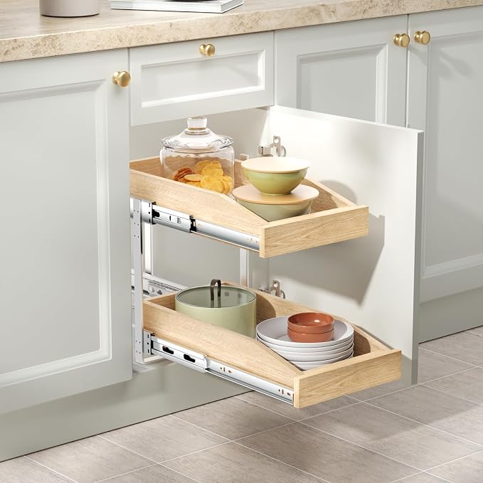 ROOMTEC 2 Tier Pull Out Cabinet Organizer, Double Tier Slide Out Wood Cabinet Organizer with U Bracket, Pull Out Drawers for Base Cabinet Organization in Kitchen, Pantry(10½"W x 21" D)