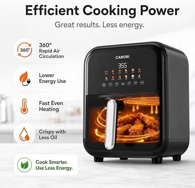 CARORI 7.5 Qt Air Fryer with Viewing Window, 12 Presets and DIY Mode, 1700W, Large Nonstick Dishwasher-Safe Basket, Air Fry, Bake, Roast, Reheat, Dehydrate, Black