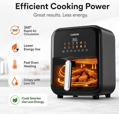 CARORI 7.5 Qt Air Fryer with Viewing Window, 12 Presets and DIY Mode, 1700W, Large Nonstick Dishwasher-Safe Basket, Air Fry, Bake, Roast, Reheat, Dehydrate, Black