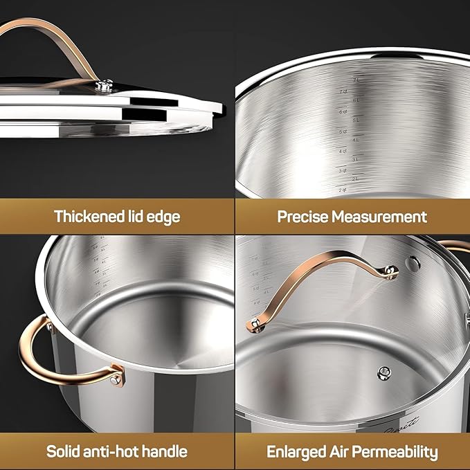Ciwete 8 Quart Stock Pot, 3 Ply Whole Clad Stainless Steel Stock Pot, 8 QT Cooking Pot with Lid, Induction Pot for Cooking, 18/10 Stainless Steel Cookware Stockpots Oven, Gas and Dishwasher Safe