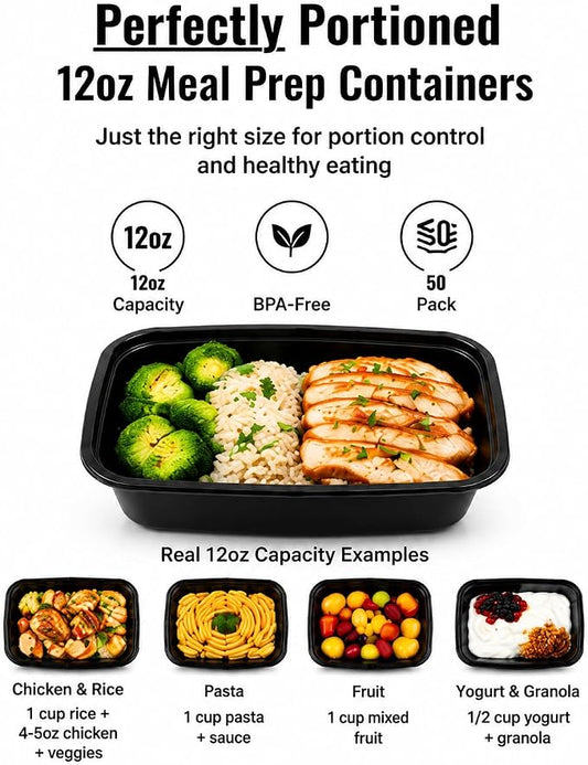Tiny Meal Prep Containers, 12 oz [50 Pack] - mini Single 1 Compartment Food Meal Prep Containers Reusable, BPA Free Small disposable Food Storage Containers with Lids Microwave Dishwasher Freezer Safe