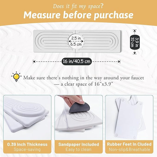 Faucet Mat for Kitchen Sink with Sandpaper, Diatomaceous Earth Faucet Splash Guard, Fast Drying Sink Protector Stone, Water Absorbing Stone Mat for Bathroom Sink Counter, Gift for Mother's Day, White