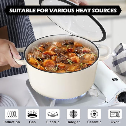 TeamFar 6Qt Dutch Oven, Enameled Cast Iron Dutch Oven Pot with Lid & Dual Handles for Bread Baking, Cooking, Simmer, Non Toxic & Heavy Duty, Oven Safe & Various Stovetops Suitable - Cream White