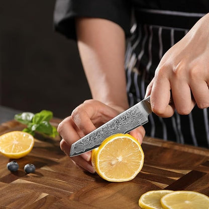 Wakoli EDIB Pro Damascus Mukimono Knife – Japanese Style Paring and Garnishing Knife | 4-Inch Genuine Damascus Steel Blade with VG10 Core | Ergonomic Pakkawood Handle