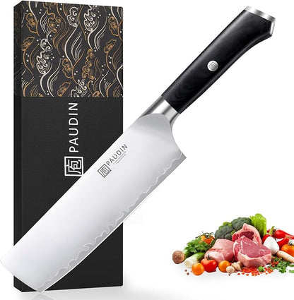 PAUDIN Nakiri Knife 7 Inch,Damascus High Carbon Steel Kitchen Knife 62 HRC, Ultra Sharp Vegetable Chopping Cleaver and Meat Slicing Asian Chef Knife for Home Cooks, Gift Box Included for Women and Men