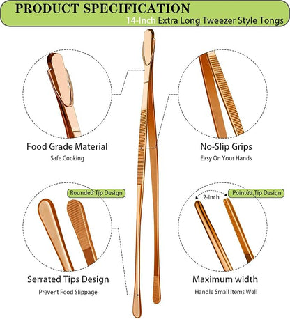 JETKONG 2 Pcs 14-Inch Kitchen Tweezers Extra Long Cooking Tweezer Tongs Stainless Steel Long Food Tweezers (Rose Gold)