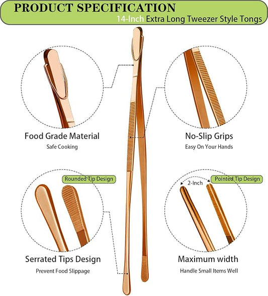 JETKONG 2 Pcs 14-Inch Kitchen Tweezers Extra Long Cooking Tweezer Tongs Stainless Steel Long Food Tweezers (Rose Gold)