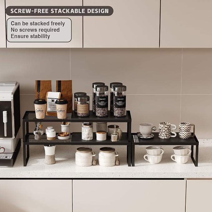 Magheo Expandable Cabinet Shelf Organizer, 1 Pack Stackable Kitchen Counter Shelf Riser, Metal Spice Rack Heavy Duty Countertop Organizer Storage for Kitchen, Pantry, Cupboard, Rv (5.9in Height,Black)