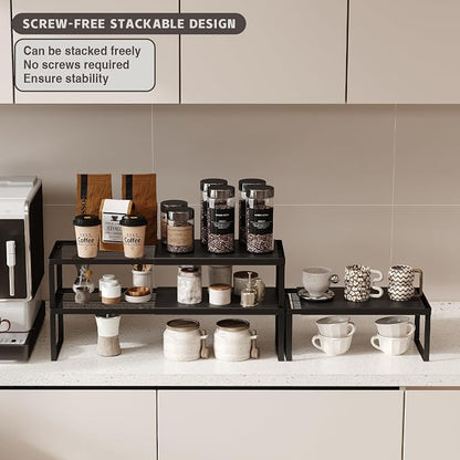 Magheo Expandable Cabinet Shelf Organizer, 2 Pack Stackable Kitchen Counter Shelf Riser, Metal Spice Rack Heavy Duty Countertop Organizer Storage for Kitchen, Pantry, Cupboard, Rv (5.9in Height,Black)