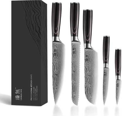5-Piece Kitchen Knife Set, High Carbon Stainless Steel Blades with Wave Pattern, Ergonomic Pakkawood Handle - Includes 8" Chef, 8" Bread, 7" Santoku, 5" Utility & 3.5" Paring Knives