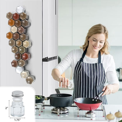 Homazing Set of 24 Hexagon Glass Spice Jars with Shaker Lids and Labels for Refrigerator, Kitchen, RV Travel Trailer Magnetic Containers