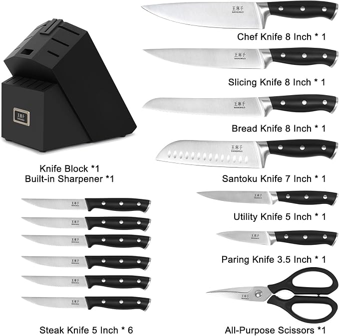 WANGMAZI 15 Pcs Knife Set with Block, Dishwasher Safe Kitchen Knife Set with Built in Sharpener Block, High Carbon Stainless Steel Dishwasher Safe Knives with Ergonomic Handles for Chef, Black Pro