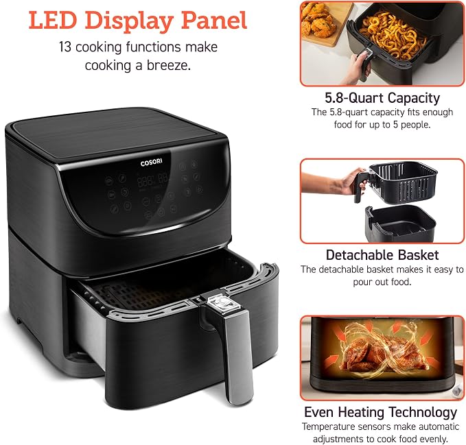 COSORI Air Fryer 5.8QT Pro Gen Smart 11-in-1 Toaster Oven , 100 Recipes Cookbook, 200+ Online Recipes , APP and Touch Screen Control, Works with Alexa & Google Assistant, Dishwasher-Safe Square Basket