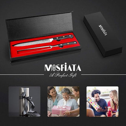 MOSFiATA 8" Carving Knife & 7" Fork Set - Premium Meat Cutting Knife, German High Carbon Stainless Steel EN.4116 BBQ Knives for Slicing Meats, Fruits & Vegetables