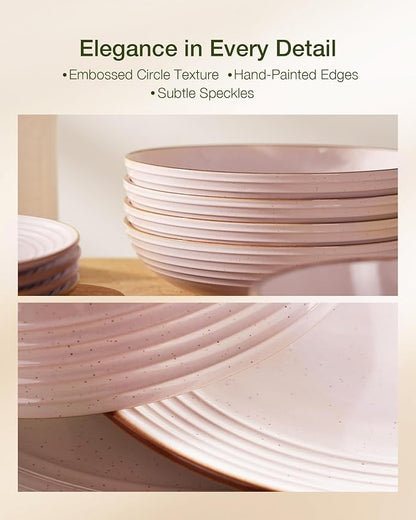 Famiware Jupiter 24-Piece Stoneware Dinnerware Set, Handcrafted Plates and Bowls with Speckles & Embossed Swirls, Chip/Scratch Resistant, Microwave/Dishwasher Safe, Rustic Dishes, Service for 8, Pink