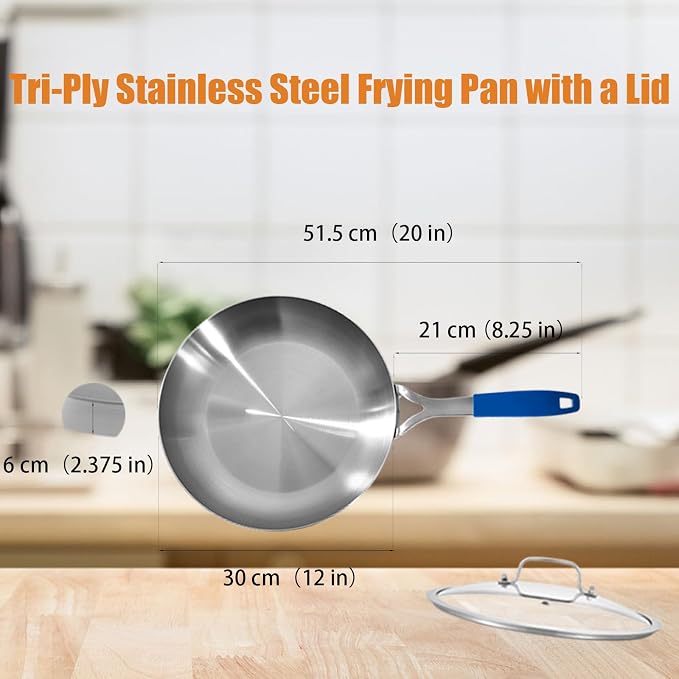 Inqibee 12 Inch Tri-Ply Stainless Steel Frying Pan with Lid, Skillet, Chef's Pan, Induction Cooking Pan, All Cooktops, Dishwasher Safe and Detachable Handle