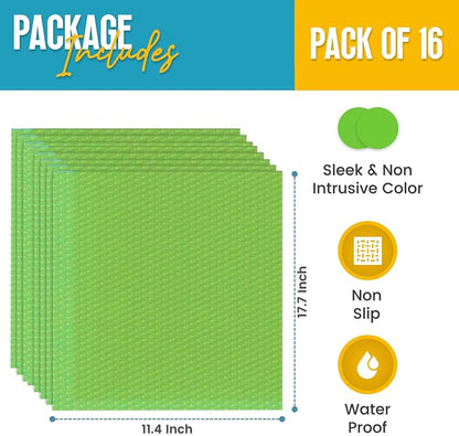 Refrigerator Liners for Shelves (16 Pack) by Linda’s Essentials - Non-Adhesive Shelf or Drawer Liner, BPA-Free Fridge Mats for Kitchen & Cabinets, Easy to Clean, Ideal Household Essentials (Green)