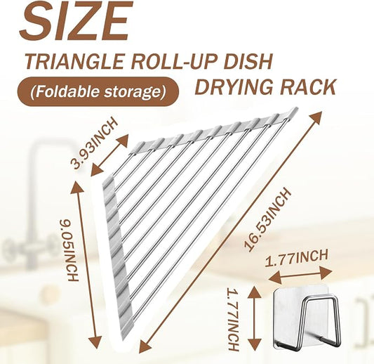 Triangle Roll-Up Dish Drying Rack and Sponge Holder for Kitchen Sink - Foldable Stainless Steel Dish Drying Rack for Sink Corners, Multipurpose Over The Sink Kitchen Drainer, Save Space