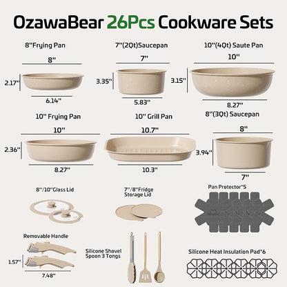 26 Pcs Pots and Pans Set Non Stick, Ceramic Cookware Set Non Toxic with Detachable Handles, Healthy Induction Cookware Oven Safe RV Kitchen Set, PFAS PFOA & PTFE Free, Taupe