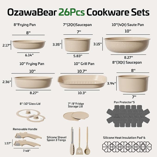 26 Pcs Pots and Pans Set Non Stick, Ceramic Cookware Set Non Toxic with Detachable Handles, Healthy Induction Cookware Oven Safe RV Kitchen Set, PFAS PFOA & PTFE Free, Taupe