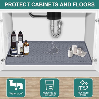Under Sink Mat, 28" x 22" Waterproof Silicone Under Sink Tray for Kitchen & Laundry Cabinets, Kitchen Cabinet Shelf Protector, Up to 3 Gallons Liquid, Fits 36 inch Standard Cabinet (Blue Grey)