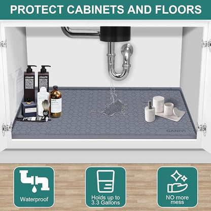 Under Sink Mat, 34" x 22" Waterproof Silicone Under Sink Tray for Kitchen & Laundry Cabinets, Kitchen Cabinet Shelf Protector, Up to 3.3 Gallons Liquid, Fits 36 inch Standard Cabinet(Grey)