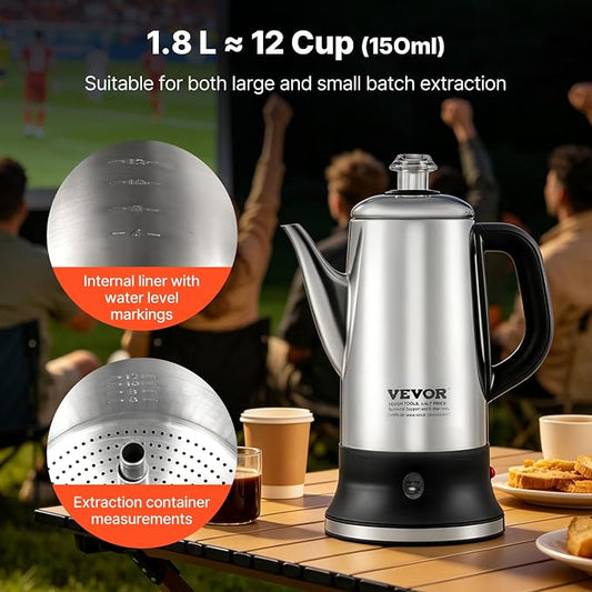 VEVOR 12-Cup Electric Percolator Coffee Pot, 304 Stainless Steel Body Coffee Percolator with Keep Warm Function & Heat-Resistant Handle, Classic Coffee Maker, Quick Brew & Easy-Pour Spout, Silver