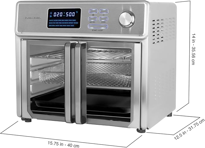 Kalorik MAXX Air Fryer Oven, 26 Quart 10-in-1 Countertop Toaster Oven & Air Fryer Combo - Fry, Bake, Roast, Rotisserie, & More, Large Glass French Doors & 9 Accessories, 1700-Watts, Stainless Steel