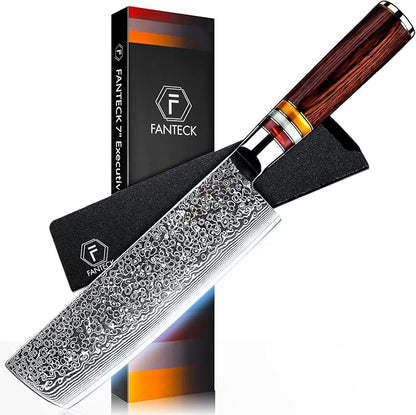 FANTECK 7" Nakiri Knife,Vegetable Meat Cutting Knife,Pro Kitchen Knife Damascus VG10 67-layer Stainless Steel Extra Sharp Chef Nakiri Knives -Ergonomic Pakka Wood Handle(Gift Box& Plastic sheath)
